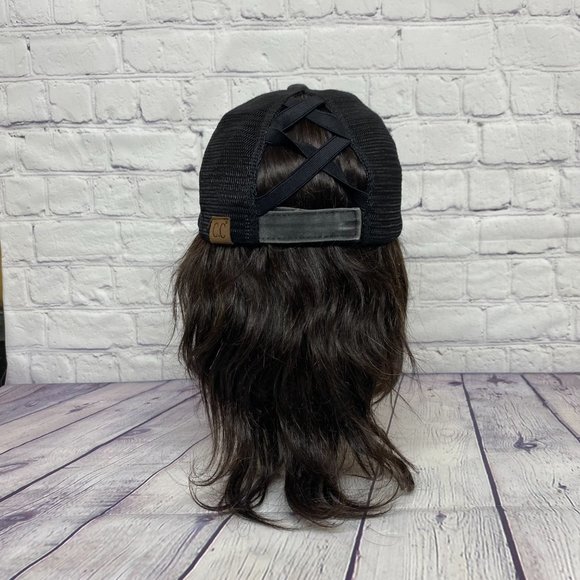 Pony Tail Women Hat Cap Strap Back Gray Distressed Mesh Back C.C. Ladies - Picture 3 of 9